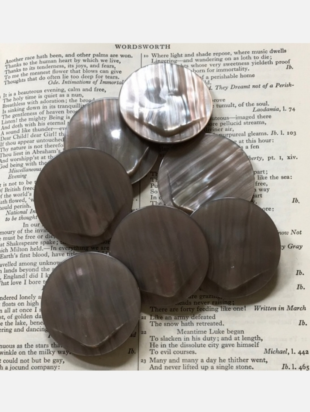 7 Vintage Coat Buttons Grey Iridescent Faux Abalone Acrylic Resin Beachcore